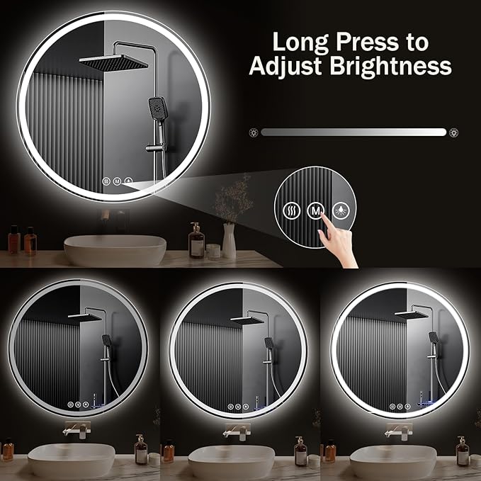 LED Bathroom Mirror 28 Inch Round Bathroom Mirror with Lights, Circle LED Mirror, Wall Mounted Lighted Bathroom with 3 Colors Brightness, Anti-Fog, Dimmable, Shatter-Proof
