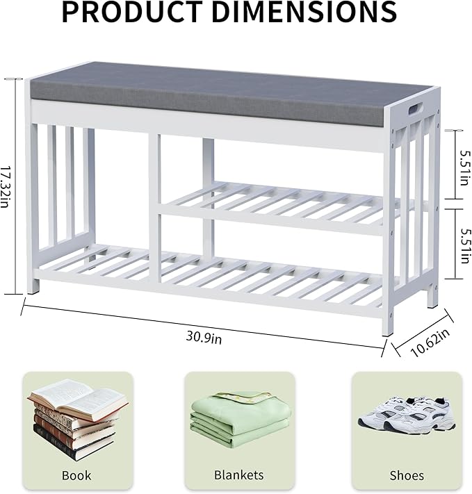 Shoe Rack Bench with Cushion,2 Tiers Shoe Bench with Flip-Top Storage,Wood Shoe Rack for Entryway, Hallway, Bedroom, Front Door Entrance (White)