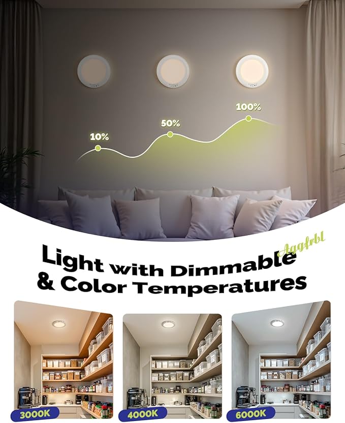 2PCs 10,000mAh Rechargeable Ceiling Light with Remote, Wireless Waterproof Shower Lights 3000K/4000K/6000K, Battery Powered Light for Closet Battery Operated, Motion Sensor Lights No Wiring