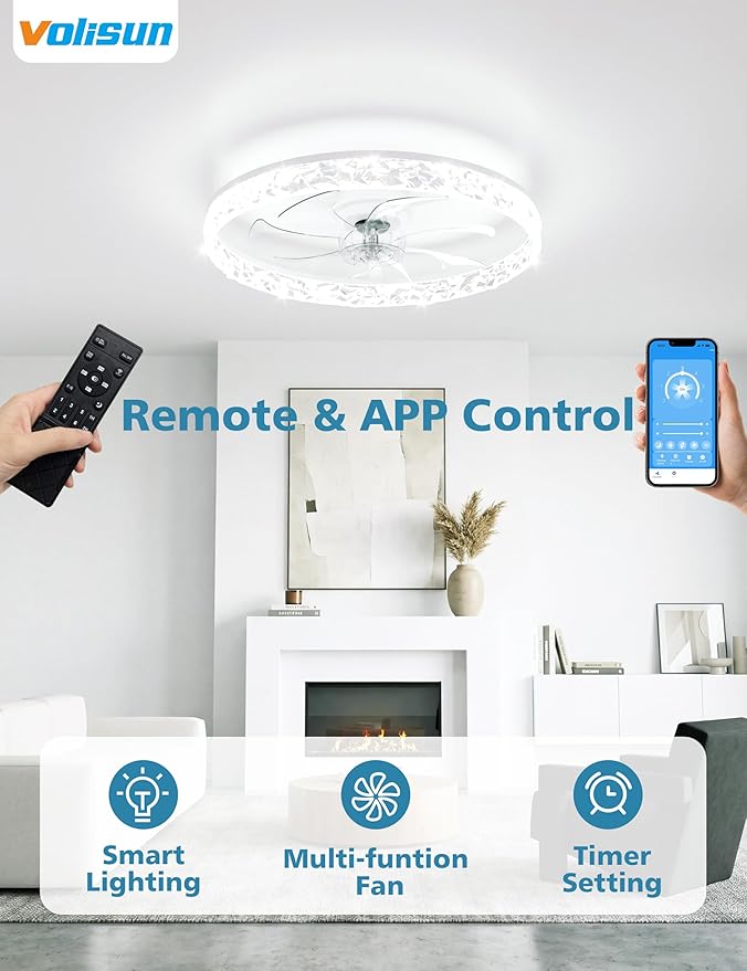 VOLISUN Low Profile Ceiling Fan with Lights and Remote, 24in Modern Ceiling Fans Flush Mount, 3000K-6500K Dimmable Bladeless LED Fan Light, White Fandelier Ceiling Fans with Lights for Bedroom
