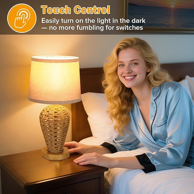 Boho Table Lamp,Touch Control & 3 Way Dimmable, 100% Hand Woven Rattan Coastal Farmhouse Bedside Nightstand Lamp for Bedroom, Living Room, Office (Bulb Included)