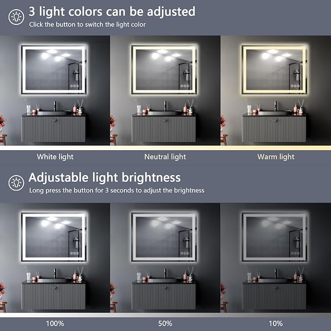 Led Bathroom Mirror with Light 40"x30" Frameless Lighted Vanity Mirror Wall Mount, Fogless, 3 Color Mode, Stepless Dimmable Front Light and Backlit, Smart Touch Sensor, Tempered Glass