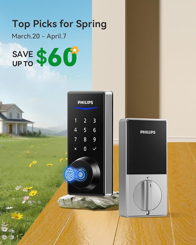 Philips Built-in WiFi Smart Lock, Keyless Entry Door Lock with App, Touchscreen Fingerprint Door Lock, Compatible with Alexa & Google, Splash-Proof, Includes 8 Batteries, Nickel
