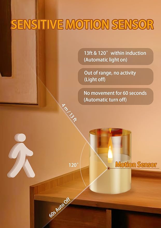 Flameless Candle Night Light, Motion Sensor Auto Switch On/Off, Rechargeable LED Glass Night Light with Remote and Timer, Ideal Kids Adults Nightlight for Home Living Room Decor, Ideal Gift for Women