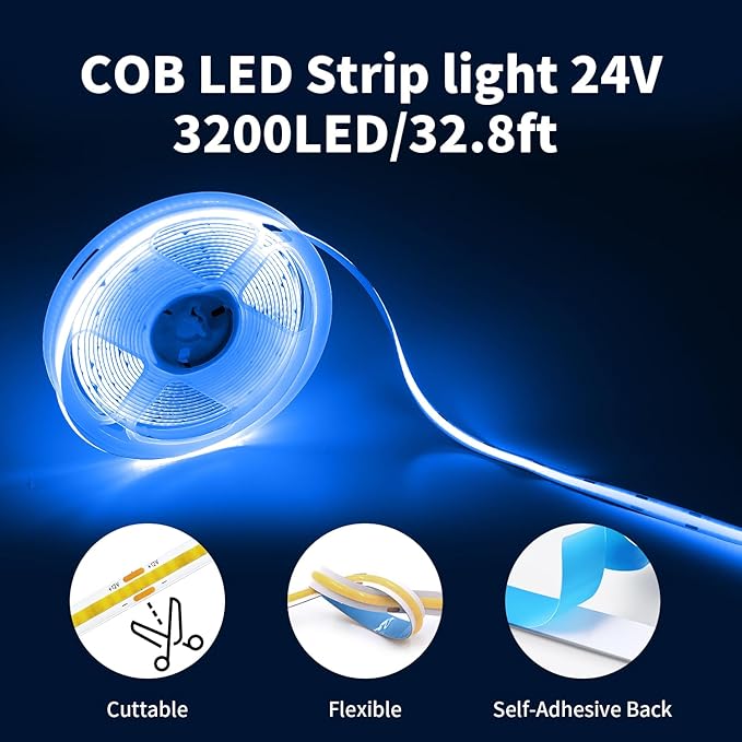 32.8FT/10M Blue COB LED Strip Light, 3200LEDS LED Tape Lights, High Bright CRI93+ Flexible Dimmable Light Strip for Bedroom TV Backlight Monitor Gaming Room Bar Decor(with Plug)