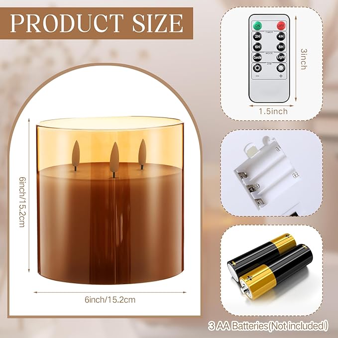 Retisee 6'' x 6'' Extra Large Flameless Candles, 3 Wick Glass Large Candles with Remote Control and Timer Function, Real Wax LED Pillar Flickering for St. Patrick's Spring Party Decor(Gold,1 Pcs)