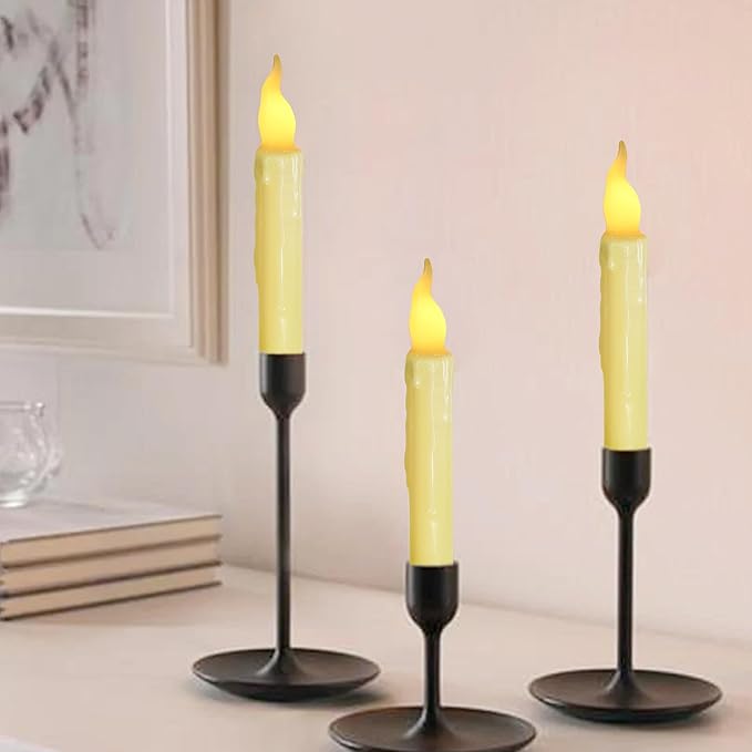 Yellow Flameless Short Taper Candles, Real Wax Hand Dipped LED Battery Operated with Remote, Flickering Flame Lights for Party Home Décor, 6.7 Inch Primitive Flameless Candles, 2PCS