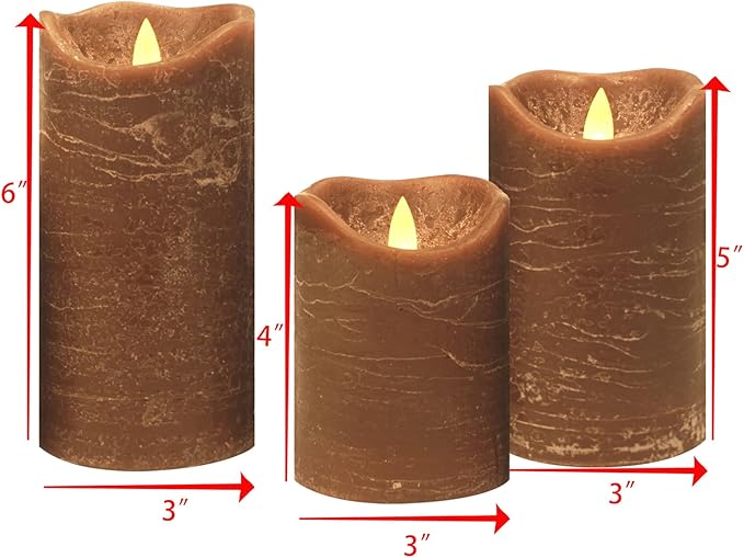 CANDLE CHOICE Real Wax Battery Operated Flameless Candles with Remote Automatic Daily Cycle Timer Realistic Flickering Electric LED Pillars Wedding Party Holiday Decoration 3 Pack Rustic Texture Brown