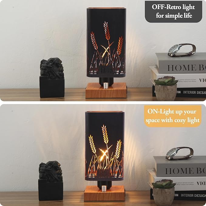 Industrial Table Lamp with USB Ports and Outlet, Rustic Dimmable Bedside lamp with Charging Station, Metal Square Shadow Nightstand Lamp, Night Light for Kids Bedroom Living Room End Tables
