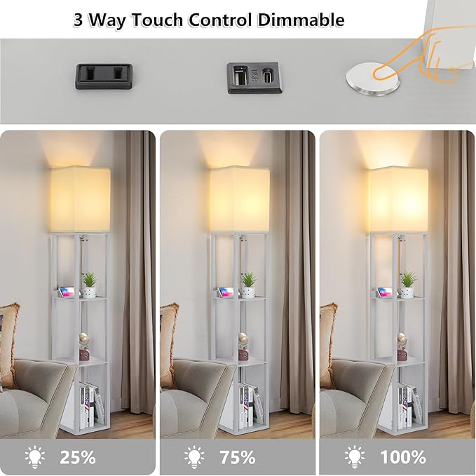 FOLKSMATE LED Shelf Floor Lamp, Modern Touch Control Dimmable Standing Lamp with 2 USB Ports and 1 Power Outlet, Corner Tall Lamps with Shelves, Wood Standing Light for Bedroom, Living Room, Grey