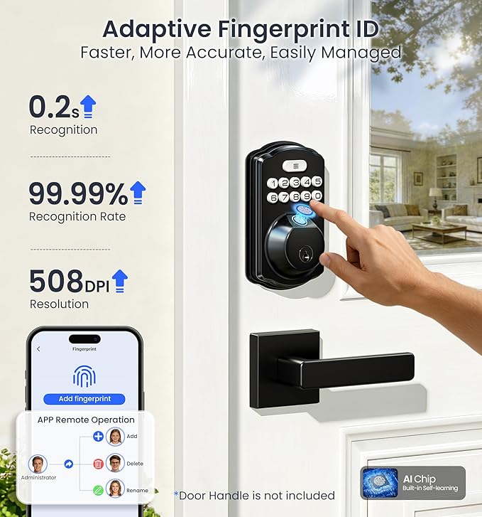 Veise VE012W Built-in WiFi Fingerprint Smart Lock, App Remote Control, Compatible with Alexa & Google Assistant, Keyless Entry for Front Door, Digital Keypad Deadbolt, Auto Lock, Matte Black