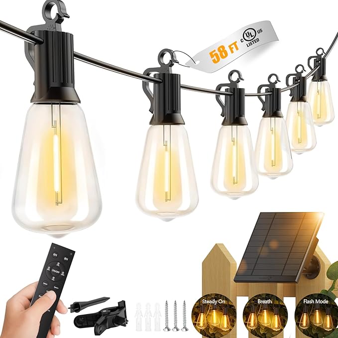 Brightown 58FT Solar String Lights Outdoor Waterproof with Remote, 25+1 LED Shatterproof Bulbs, Dimmable & Timable, 3 Light Modes - Commercial Grade Patio Lights for Garden Backyard Party Decor