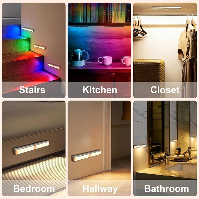 Under Cabinet Lighting,48LED RGB Rechargeable Under Cabinet Lights with Remote,Dimmable & 15 Color Temps,Magnetic Closet Light Bar,Wireless Under Counter Lights for Kitchen,Car,Shelf(5 Pack)