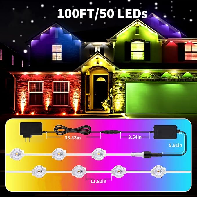 100FT Permanent Outdoor Lights, IP68 Waterproof Outdoor RGBW LED Eaves Lights 50LEDs with Smart App Control, Music Synchronization for Christmas Garden Party Holiday House Decorations