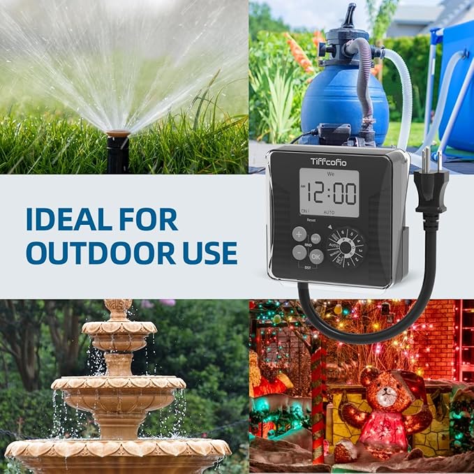 TiFFCOFiO New Digital Outdoor Timer Waterproof, Dial Programmable Method, Outdoor Light Timer with 2FT Extension Cord, 2 Grounded Electrical Outlets for Lights, 6 Sets of Programs, 15A/1875W