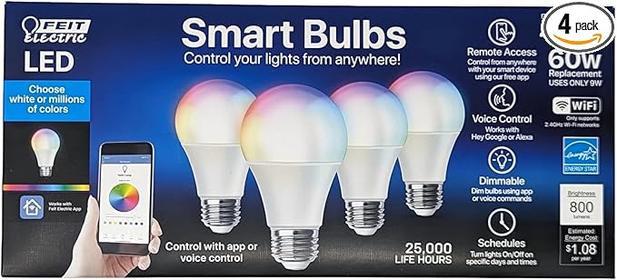 Smart Color-Changing LED Bulbs (4-Pack) for Google & Alexa, 9W (60W Replacement), E26 Base, A19 Shape by Feit Electric