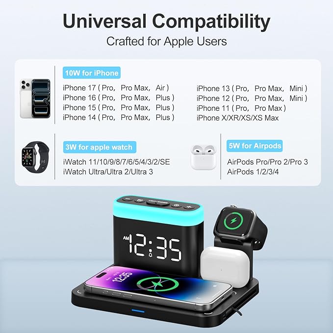 ANJANK Wireless Charging Station,5 in 1 Multiple Charger Stand with Alarm Clock,7 Night Light,Mag-Safe Charging Dock for iPhone 17 16 15 14 13 12 Pro Max Plus,Apple Watch 11/10/9/8,for Airpods,Bedroom