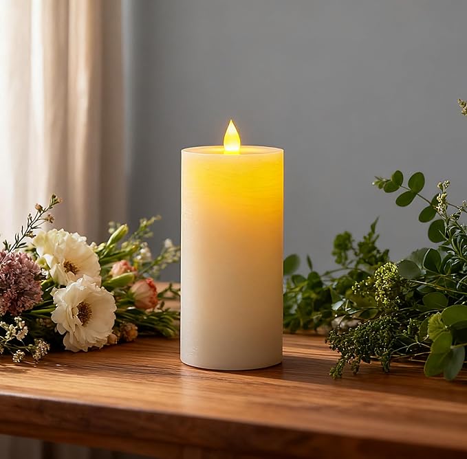 Flickering Flameless Candle with 3D Moving Flame, with Remote and Timer, Real Wax Candles, LED Pillar Water Ripples Battery Operated Candle for Wedding, Christmas, Home Decor(Ivory)