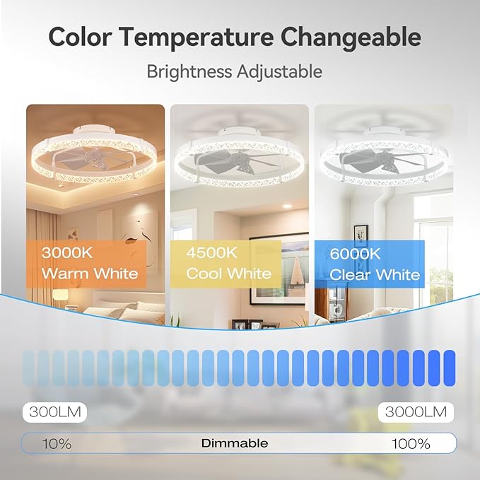 addlon Ceiling Fans with Lights and Remote, 24'' Low Profile Ceiling Fans, 3000-6000K Dimmable Modern Flush Mount LED Fan Light, Fandelier Ceiling Fan for Bedroom, Kitchen, Living Room, Crystal White