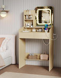 Small Makeup Vanity Desk for Girls with Lighted Mirror, 26.5” W Dressing Table with 2 Drawers and Power Outlet, 3 Light Modes & Adjustable Brightness, Vanity Table for Women Bedroom,Natural