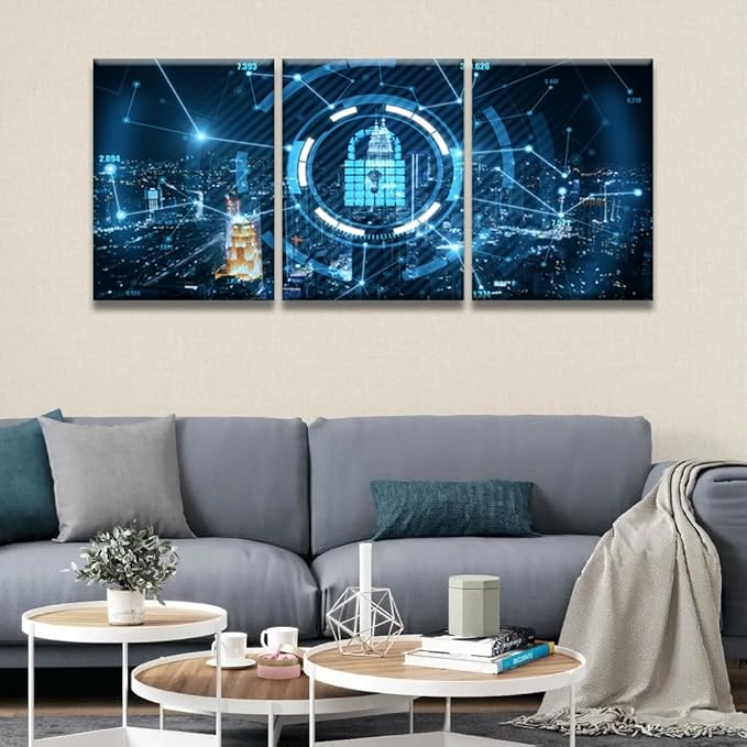 LSIUHWUWI 3 Piece Blue Keylock Hologram with Dark Night City View Pictures Print On Canvas Wall Art for Bedroom Living Room Decoration,Cloud Services Artwork Wooden Framed Ready to Hang, 12x16inchx3