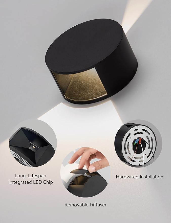 Tubicen Wall Sconce Set of 2 Black Round Wall Lights Beam-Adjustable LED Dimmable Movie Theater Sconce Lighting Up Down Hardwired Indoor Small Wall Lights for Living Room Bedroom Hallway Stairway