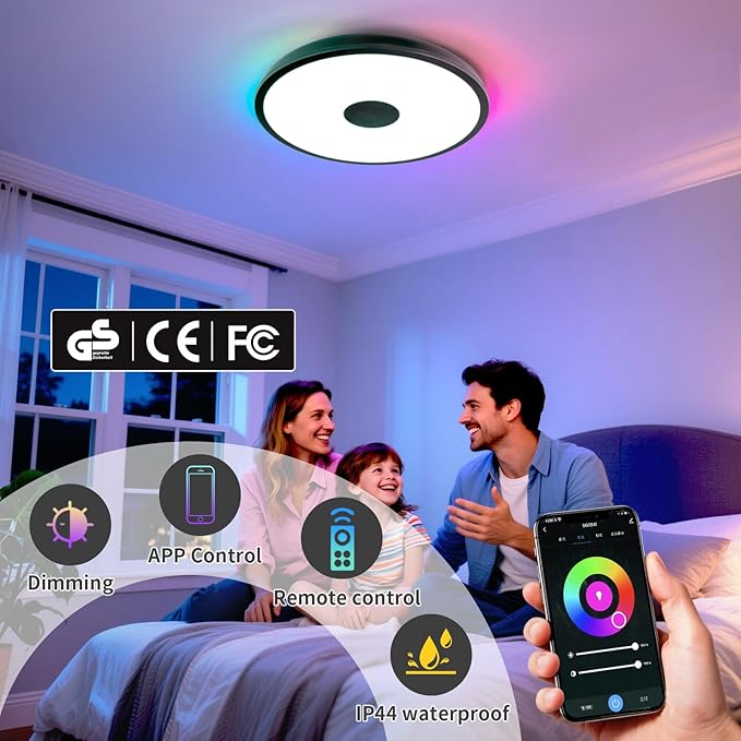 Black Smart Waterproof LED Flush Mount Ceiling Light Fixture,18W,with Bluetooth Speaker,RGB Color Changing Function-Dimmable Lamp,Tuya Application Control-Compatible with Alexa Google Home