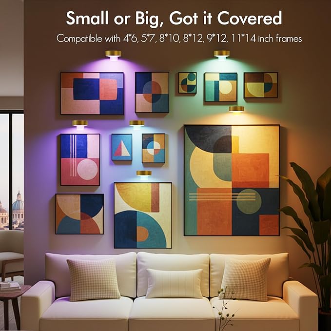 3-Pack Picture Lights for Wall, 13 RGB Color Changing Led Art Display Light with Rechargeable Battery Operated, Magnetic Painting Light with Remote Control, Wireless Home Wall Decorative Lighting