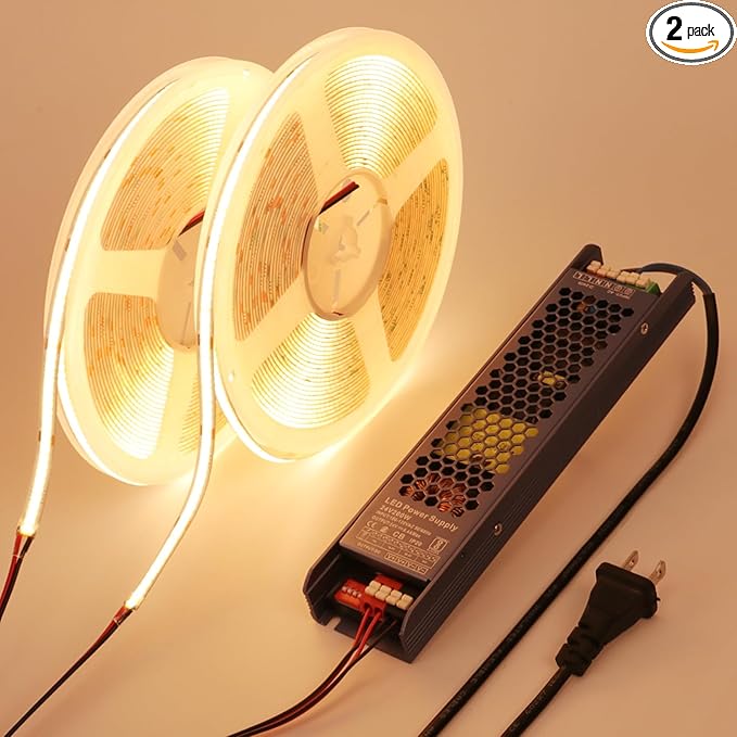 24V COB LED Strip Light 65.6ft (2 Rolls of 32.8ft) Kit, 3000K Warm White Cuttable 11W/M 312LEDs/M CRI 93 LED Tape Lights with Power Supply for Bedroom Kitchen Living Room Ceiling