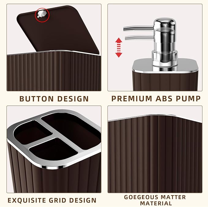 XLHOMO Bathroom Accessories Set - Gorgeous Bathroom Set, 10PC Brown Bathroom Accessories, Bathroom Accessory Set, Toilet Brush, Trash Can, Qtip Holder Dispenser & Soap Dispenser