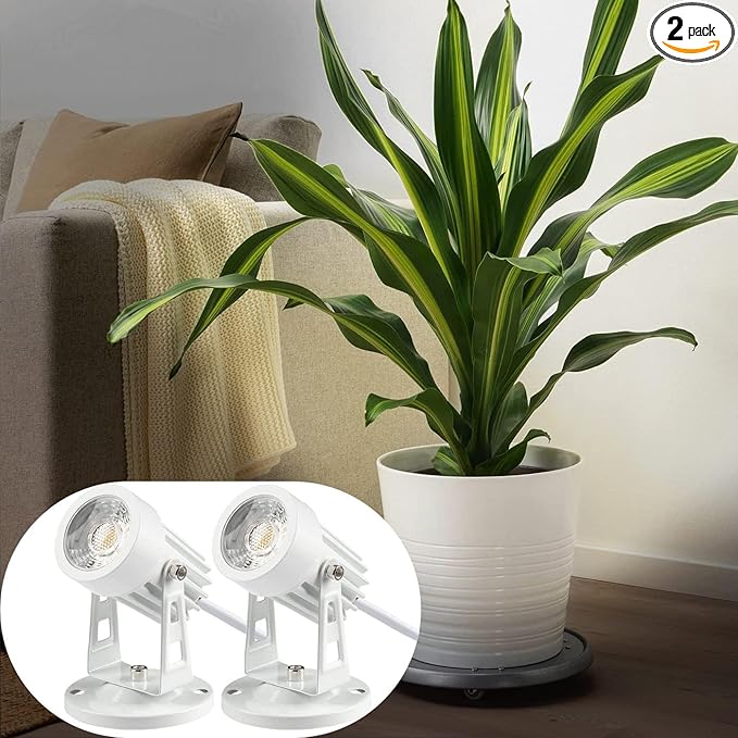 SUNVIE 2 Pack LED Spot Lights Indoor Plant Spotlight Lamp Up Lights for Indoor Plants Accent Lighting 120V Warm White Uplight 5.9 FT Cord with Floor Foot Switch, White (Base and Stake Included)