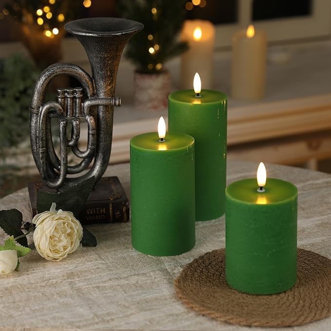 LUSHABOR Green Flameless Candles, Battery Operated Candles for St. Patrick’s Day, Real Wax LED Fake Candles for Spring Decor Party Centerpiece Green Set of 3