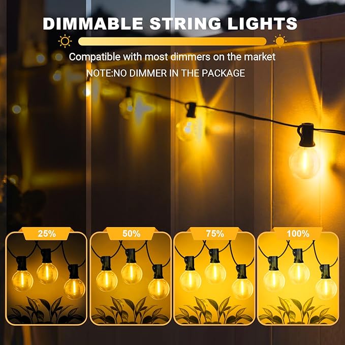 LAMPHOME LED Outdoor String Light, 26Feet Patio Lights with12+1Edison Shatterproof Bulbs(1Spare), UL Waterproof Outside Lights connectable Dimmable for Backyard Porch Decor,Yellow