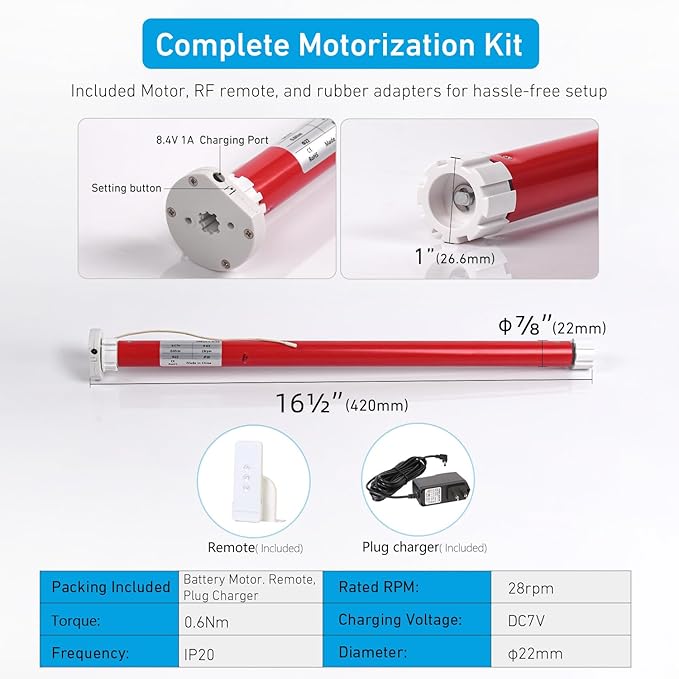 Rollerhouse 28mm(1-1/8 Inches) Round Tube Battery Roller Shade Motor Kit with Remote Control for Electric Window Blinds