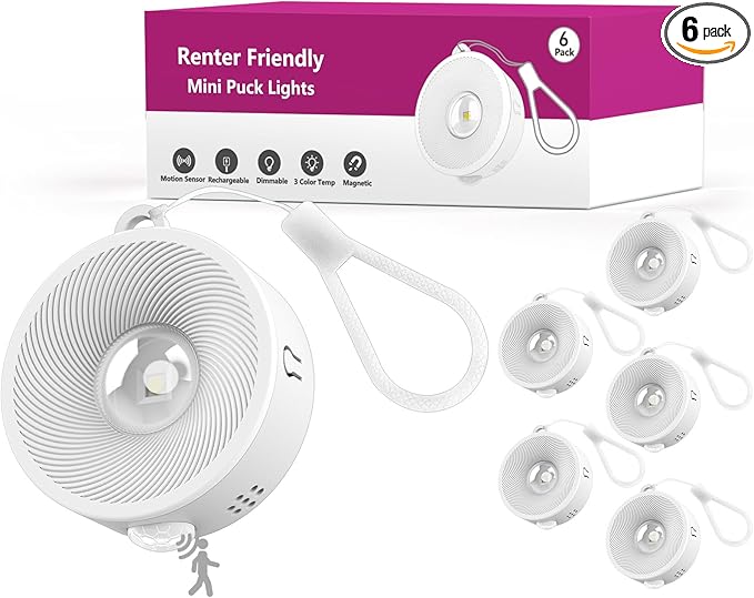 2" Rechargeable Mini Puck Lights w/Lanyard, Renter Friendly Magnetic Stick On Battery Operated Lights, Wireless Motion Sensor Light Indoor for Closet, Wall, Shelves, Kitchen, Locker - 6Pack/White