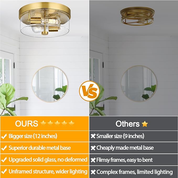Flush Mount Ceiling Light Fixtures, 2-Light Gold Ceiling Mount for Farmhouse with Seeded Glass Lampshade, Industrial Flush Mount Light Fixture Farmhouse for Hallway, Kitchen, Entryway and Foyer