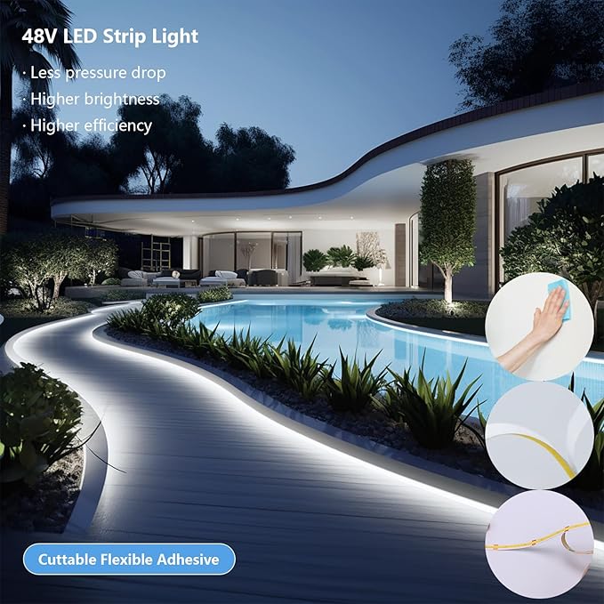 48V Outdoor LED Strip Lights Waterproof, 65.6ft 150W 6000K Cool White Dimmable LED Tape Light Cuttable with Power Supply for Bedroom Ceiling Garden Living Room Commercial House