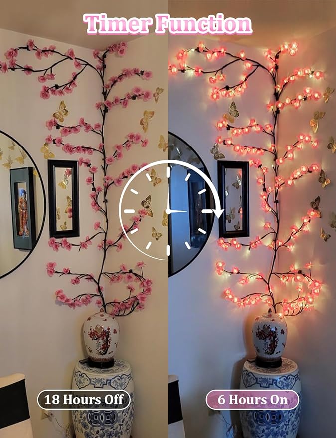 Cherry Blossom Lights for Room Decor Aesthetic,7.55 FT DIY Pink Cherry Blossom Wall Decor with 144 LED Flower Lights,Remote Timer,8 Lighting Modes,Blossom Tree Branch Lights,Vine Lights for Bedroom