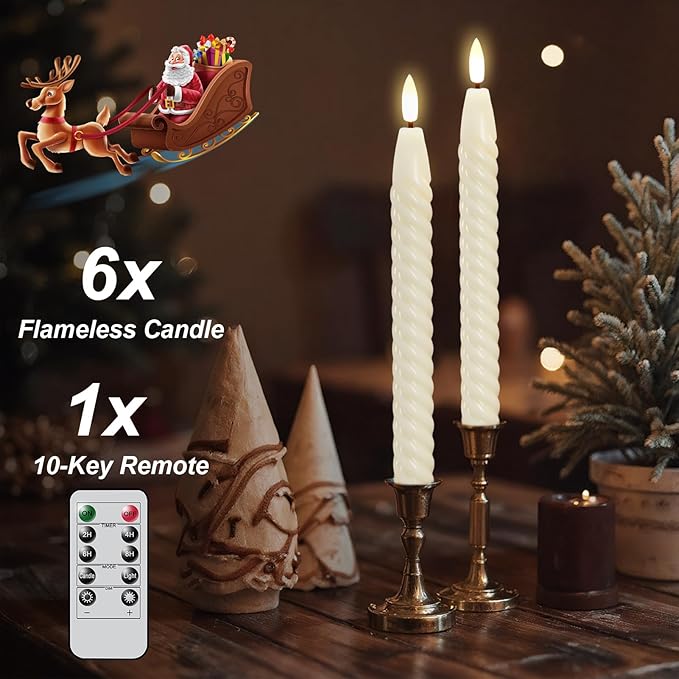 Flameless Taper Candles Flickering with Remote Timer, LED Taper Candles Battery Operated Warm 3D Wick Spiral 6 Pack Real Wax Home Birthday Decor 9.8" Ivory