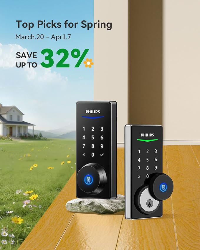 Philips Fingerprint Electronic Door Lock, Keyless Entry Door Lock with Touchscreen, Long-Last Battery Life, Auto-Lock, One-Time Code, One-Touch Locking, Satin Nickel