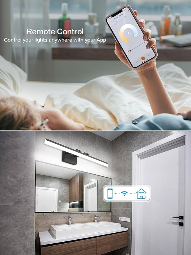 SOLFART Adjustable Color Temperature Dimmable Bathroom Light Fixtures Vanity Light Black LED Bathroom Vanity Light Over Mirror 39.4 Inch APP Control Modern Light