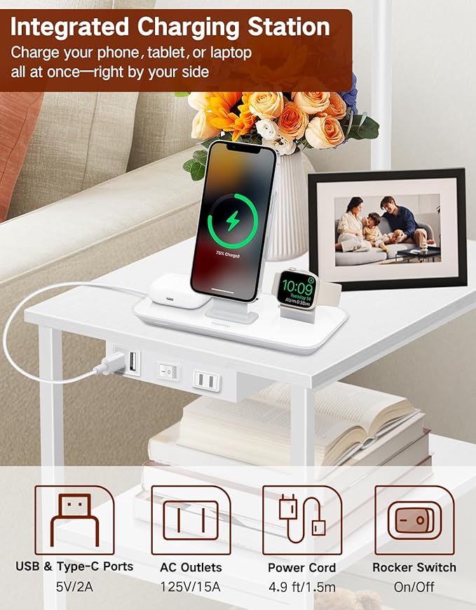 Floor Lamp with Table & Remote, Side End Table with Charging Station, Dimmable Nightstand with 3 Color Temperatures, 1-Hour Timer, 12W LED Bulb, for Living Room, Bedroom(White)