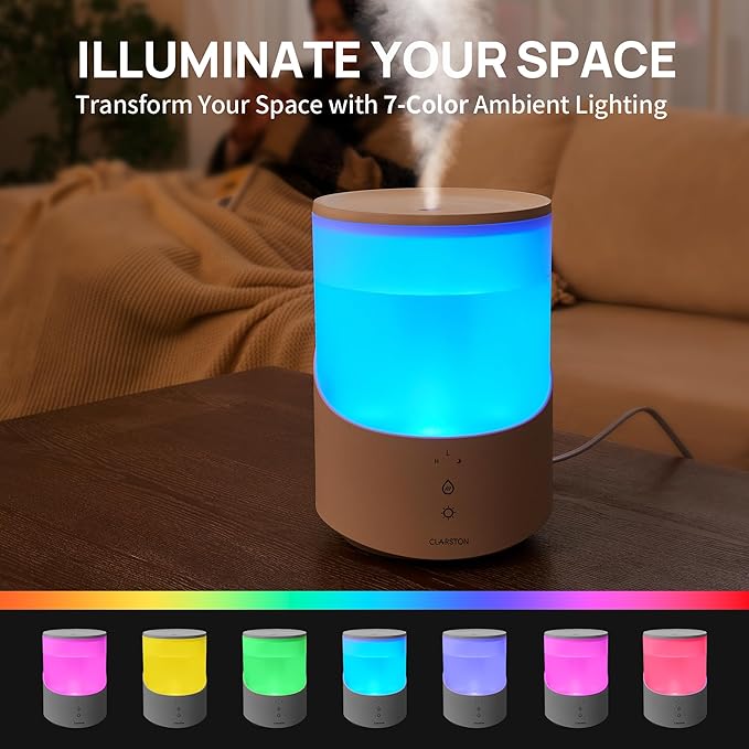 Clarston Humidifiers for Bedroom, 2.5L Cool Mist Humidifier with Essential Oils Diffuser and Nightlight, Top Fill Humidifiers for Home Large Room, Timer, Auto Shut-off, 25H Runtime