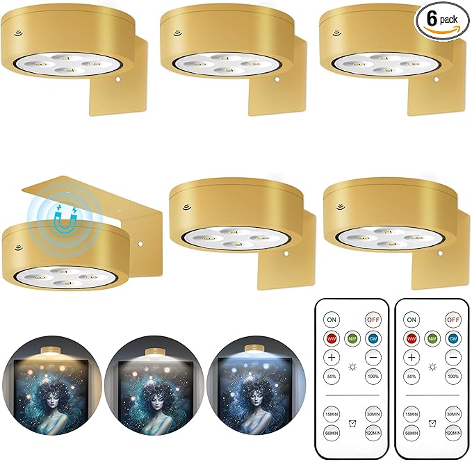 6Pcs Battery Operated Picture Light, Magnetic Led Painting Light with Remote Dimmable and Timer, 3 Lighting Modes Art Display Light for Picture Frame Paintings, Wireless Wall Decor Puck Lights, Gold