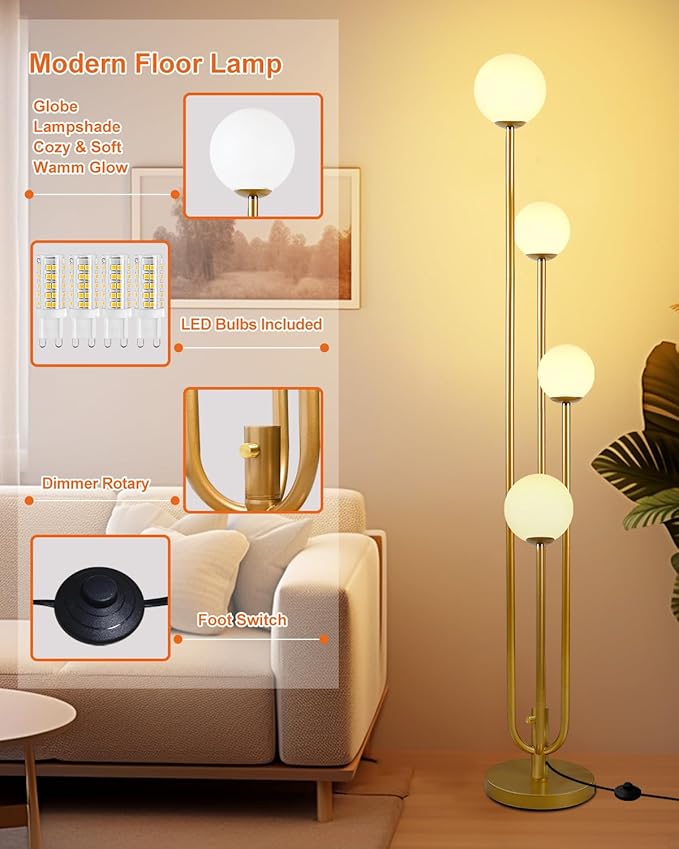 Lightdot Gold Globe Floor Lamp 4-Lights Dimmable Floor Lamps 3000K Bulbs Included Unique Modern Standing Tall Lamp for Living Room/Bedroom/Sofa Beside/Corner Decor