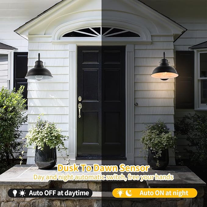 Dusk to Dawn Outdoor Wall Sconces, Exterior Farmhouse Gooseneck Barn Light, Vintage Matte Black Outside Wall Mount Light Fixture, Anti-Rust Waterproof Outdoor Light for Porch Garage