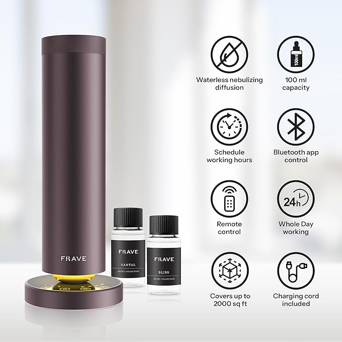 Tower Waterless Scent Diffuser & Oil Kit, 2000 Sqft Coverage, Hotel Diffuser with Bliss & Santal Aroma Oil for Large Room, Home Office, Hotel, Remote & App Control Cold Air Machine, Sandstone