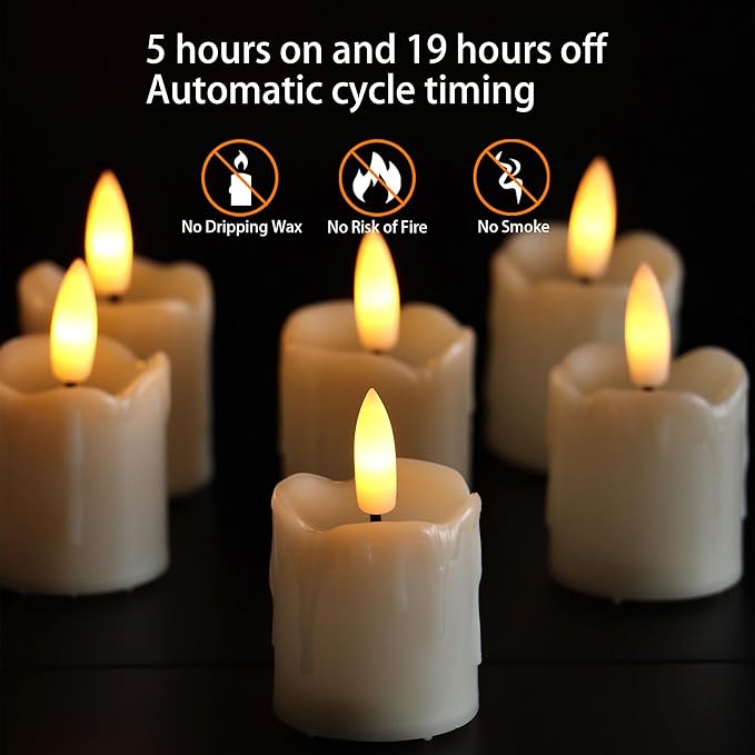Battery Operated Plastic Flameless LED Votive Candle with Cycling Timer, 6 Pack Drip Flickering Realistic Electric Light for Indoor Bookshelf Wedding Dinner Party Centerpiece Fireplace X-mas Decor