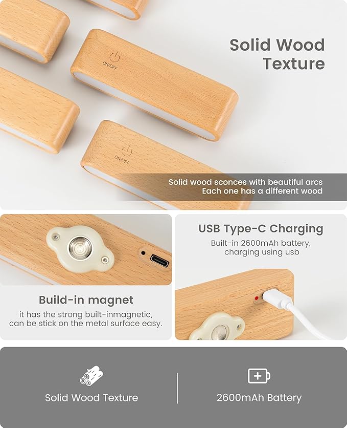 Wood Battery Operated Wall Sconces Set of Two, Magnetic Mini Wall Lights with 360° Rotation and Adjustable Brightness, Stick-On Mount for Bedside, Hallway, Living Room (2Pack Beech Wood)