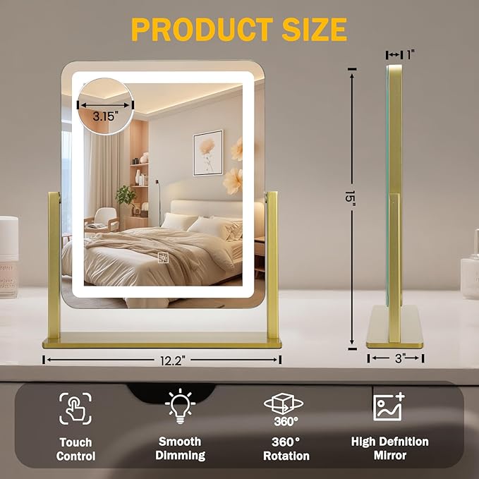 Vanity Mirror with Lights, 15"×12.2" Large LED Makeup Mirror with Light, HD Mirror, Smart Touch with 3-Color Lighting, Dimmable, 360° Rotation, Lighted Up for Vanity Desk Tabletop, Bedroom (Gold)